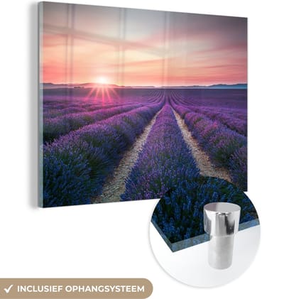 MuchoWow® Glasschilderij 40x30 cm - Schilderij acrylglas - Lavendel - Paars - Bloemen - Lucht - Foto op glas - Schilderijen