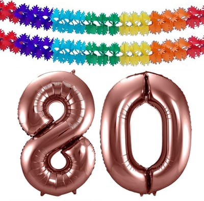 Folat Verjaardag Leeftijd folieballon - 80 jaar - rosé goud - 86 cm - cijferballon groot - incl 2x feestslingers