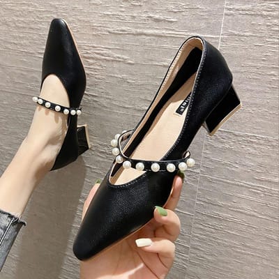 Echt Leer Mary Jane Schoenen Feeënstijl Parel Vierkante Neus Enkele Schoenen Blokhak Franse Retro Mode Damesschoenen 40 black