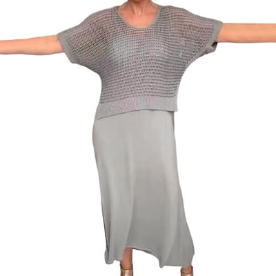 2 Stuks/Set Dames Top Jurk Set Uitgehold Gebreid Ronde Hals Korte Mouw Top V-hals A-lijn Mouwloze Zomerjurk Dames Midi Jurk C M grijs