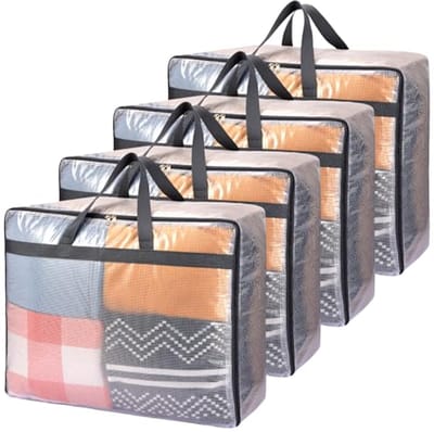 4-pack 75L extra grote doorzichtige opbergzakken met rits voor dekens, beddengoed, en kleding