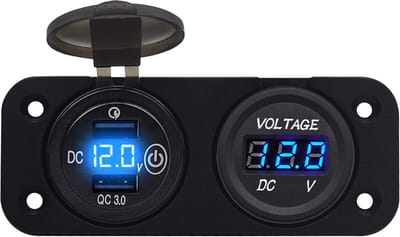 ProRide 12V USB Autolader 2 Poorten Inbouw met Schakelaar en Voltmeter - QC3.0 - Tweevoudig inbouw paneel - Blauw