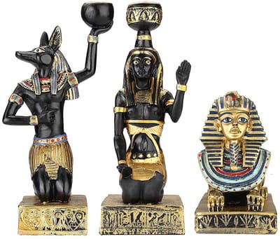 Kaarsenhouder Beeldje - Antiek Standbeeld - Huis Decoratie - Oud Egyptisch Design - Tot 20cm Hoog - Zwart Goud
