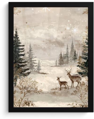 Poster in lijst - Fotolijst 30x40 cm - Posters - Bos - Herten - Winter - Sneeuw - Posterlijst zwart - Decoratie - Wanddecoratie woonkamer - Muurdecoratie slaapkamer