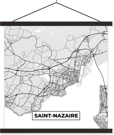 Posterhanger incl. Poster 60x60 cm - Schoolplaat - Saint-Nazaire - Plattegrond - Frankrijk - Kaart - Stadskaart - Textielposter - Zwarte latten - Stadskaart