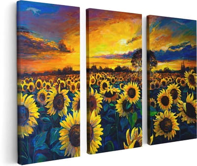 Artaza Canvas Schilderij Drieluik Getekende Zonnebloemen Veld Met Olieverf - 120x80 - Foto Op Canvas - Canvas Print
