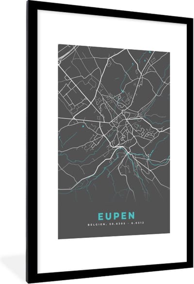 Fotolijst incl. Poster - Plattegrond – Eupen – Blauw – Stadskaart - Kaart - 80x120 cm - Posterlijst