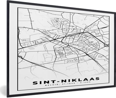 Fotolijst incl. Poster Zwart Wit- Stadskaart – Plattegrond – België – Zwart Wit – Sint Niklaas – Kaart - 60x40 cm - Posterlijst