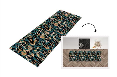 Keukenloper - Loper keuken - Dierenprint - Panter - Bruin - Turquoise - 150x50 cm - Keukenloper vinyl