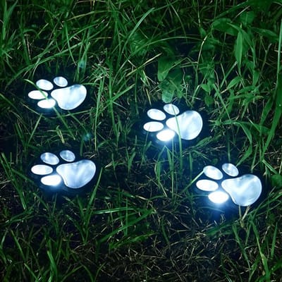 Op zonne-energie werkende kattenpootlampjes – Decoratieve tuinverlichting – Binnenplaatslampen – Set van 4 – Ideaal voor het decoreren van binnenplaatsen, gazons, paden en terrassen – Een topkeuze voor dierenliefhebbers – Wit licht