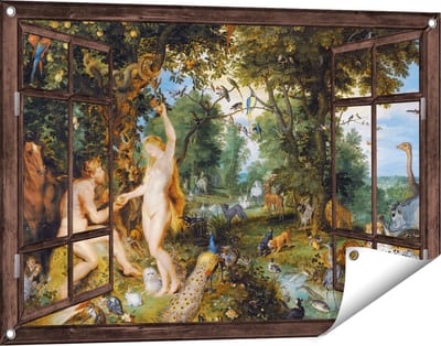 Gards Tuinposter Doorkijk Het Aardse Paradijs met de Zondeval van Adam en Eva - Jan Brueghel - 90x60 cm - Tuindoek - Tuindecoratie - Wanddecoratie buiten - Tuinschilderij