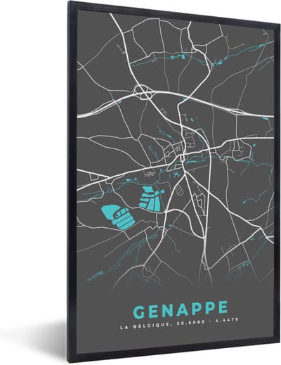 Fotolijst incl. Poster - België – Genappe – Stadskaart – Kaart – Blauw – Plattegrond - 40x60 cm - Posterlijst