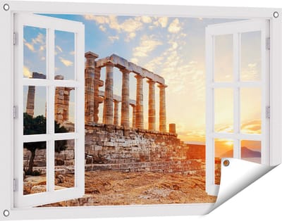 Gards Tuinposter Doorkijk Tempel van Poseidon in Athene, Griekenland - 90x60 cm - Tuindoek - Tuindecoratie - Wanddecoratie buiten - Tuinschilderij