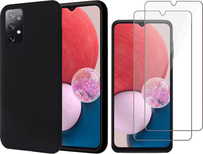 Hoesje geschikt voor Samsung Galaxy A13 4G - Matte Back Cover Microvezel Siliconen Case Hoes Zwart - 2x Tempered Glass Screenprotector
