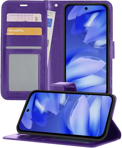 Hoesje - Geschikt voor Google Pixel 9a - Luxe Bookcase - Walletcase Hoes - Portemonnee - Cover - Telefoonhoes - Paars