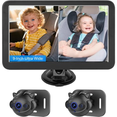 Babyautocamera, tweekanaals 9-inch 1080p babyfoon met 2 infrarood nachtzichtcamera's en een brede kijkhoek van 150 graden. gray