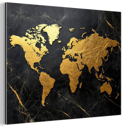 Aluminium schilderij 120x90 cm - Wanddecoratie metaal - Wereldkaart - Goud - Marmer - Metalen muurdecoratie woonkamer - Decoratie industrieel - Foto op dibond - Industriële accessoires slaapkamer