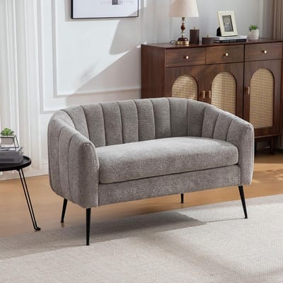 BLACKCOLORS Mini-verstelbare bank bekleed met chenille (bijzetbank), moderne tweezitsbank met glanzende afwerking, metalen poten en geribbelde bekleding, voor woonkamer, slaapkamer, kantoor, kleine ruimtes, GRIJS