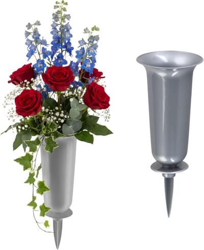 Grafvazen met pen - Begraafplaats decoratie - Graf versieren - Weerbestendig kunststof - 37 cm hoogte - Zilver