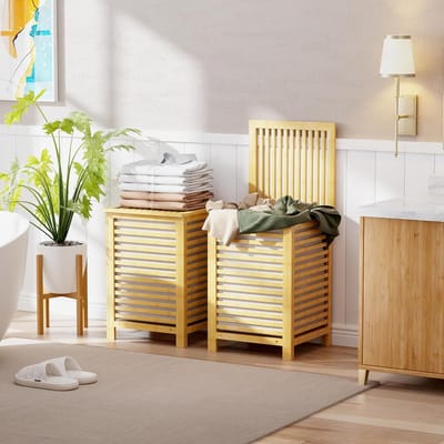 RFWR® Dubbele Wasmand met Deksel - 120L Bamboe Wasmand met Uitneembare Binnenzak en 2 Compartimenten