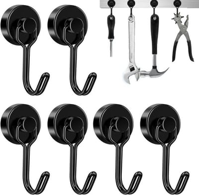 Magneethaken Extra Sterk - 6 Stuks - 25 mm Neodymium Magneten - Houdt 15 kg - Draaibare Zwarte Haken - Duurzaam en Roestbestendig - Magnetische Haken