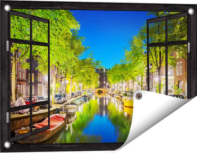 Gards Tuinposter Doorkijk Amsterdamse Gracht in de Nacht - 60x40 cm - Tuindoek - Tuindecoratie - Wanddecoratie buiten - Tuinschilderij