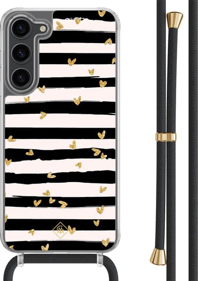 Casimoda® hoesje met zwart koord - Geschikt voor Samsung S23 Plus - Hart Streepjes - Afneembaar koord - TPU/polycarbonaat - Zwart