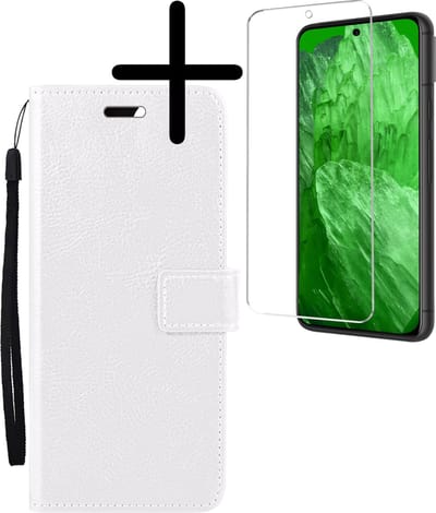 Hoesje Met Screenprotector - Geschikt voor Google Pixel 8a - Luxe Pasjeshouder - Bookcase Portemonee - Flip Case - Kunstleer Book Case - Flipcase - Book Cover - Walletcase - Portemonneehoes - Wit