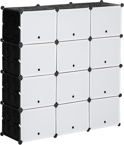 Schoenenkast - 125 x 32 x 125 cm - DIY Opbergkast met 12 Kubussen en Deuren - Kunststof en Staal - Zwart Wit