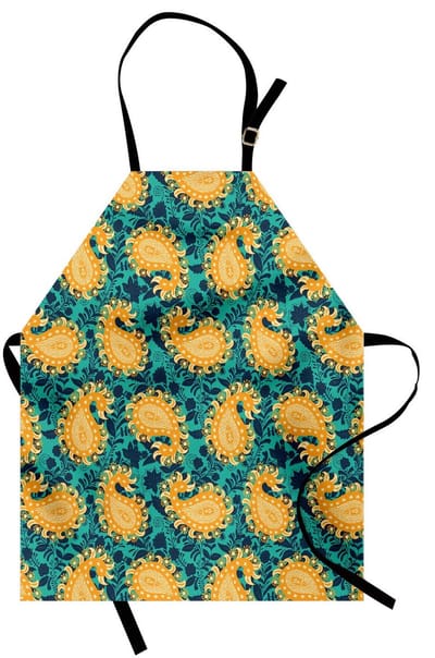 ABAKUHAUS Jacobeaans kookschort, Paisleymotief op botanisch patroon, in hoogte verstelbaar, wasbaar, geen kleurvervaging, heldere kleuren, donker seafoam groen en goudsbloem