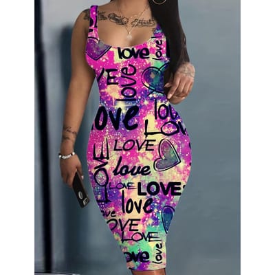 Robe Débardeur Imprimé Lettre d'Amour, Robe Décontractée Slim Moulante Imprimé Aléatoire, Vêtements Femme XXL multicolore