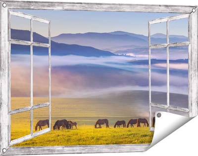 Gards Tuinposter Doorkijk Kudde Wilde Paarden in de Wei bij Heuvels - 90x60 cm - Tuindoek - Tuindecoratie - Wanddecoratie buiten - Tuinschilderij