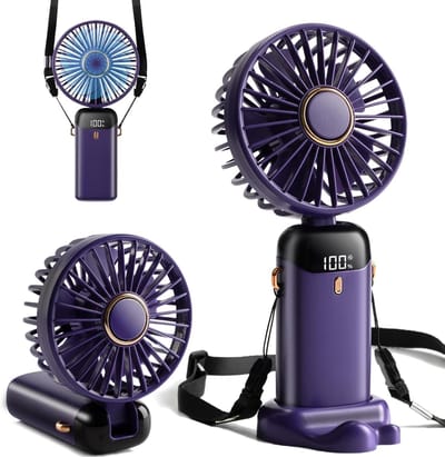 Mini Handventilator, Type-C Oplaadbaar, 800mAh, Digitaal Display, 5 Snelheden, 90° Opvouwbaar, Hand/Hals/Tafel 3-in-1, Make-up Ventilator voor Vrouwen (Paars)