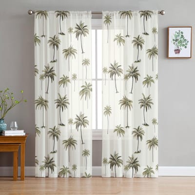 Palmbomen Plantenbladeren Transparante Gordijnen voor Woonkamer Decoratie Raambekleding voor Keuken Tule Voile Organza Gordijnen W135 x H115cm x1 white