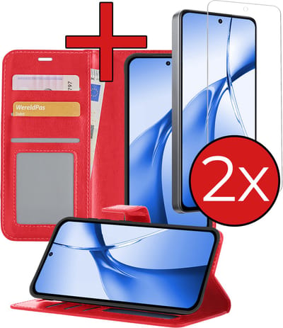 Hoesje - Met 2x Screenprotector - Geschikt voor OnePlus Nord CE4 - Luxe Pasjeshouder - Flip Case - Bookcase Portemonee - Kunstleer Book Case - Flipcase Hoes - Book Cover - Walletcase - Portemonneehoes - Telefoonhoes - Rood