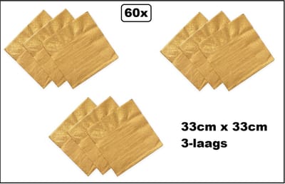 60x Servetten goud 33cm x 33cm - 3 laags - Cocktail servet diner eten knoeien restaurant BBQ thema feest verjaardag feest