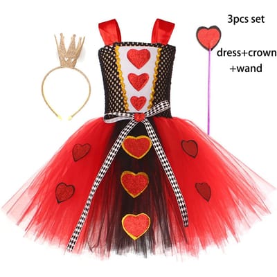 Costume Reine de Cœur pour Filles Enfants Déguisement Halloween Robe Tutu Fantaisie avec Couronne Classique Pays des Merveilles Robe Reine Rouge Vêtements L(6-7T) black