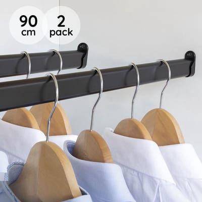 Eleganca Kledingstang - 90 cm - 2 Stuks - Kledingroede - Garderobestang - Aluminium - Inclusief Kastroededragers en Schroeven - Zwart