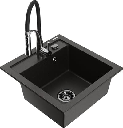 Mexen Vito granieten spoelbak 1-komers met keukenmengkraan Aster, zwart/gouden metallic- 6503-75-73450-07-B