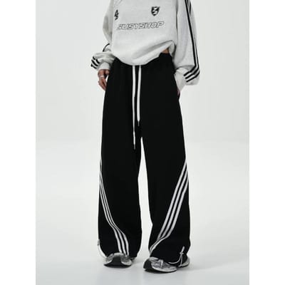 Gestreepte Contrasterende Wijde Pijpen, Garderobebroek, Heren en Dames, Retro Elastisch Trekkoord Hangend Casual Koppel Sportbroek S white