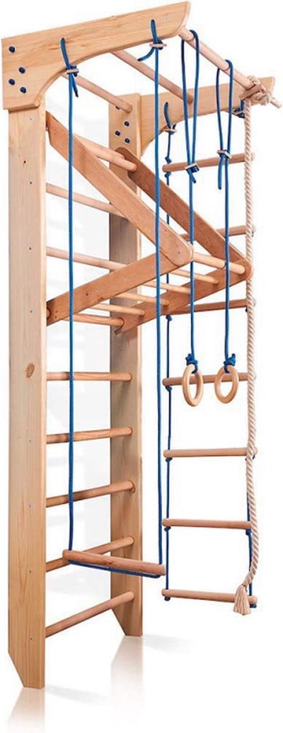 Klimspeel Wereld - Klimrek Groei 220 met Touwset - Klimwand Klimtoestel met Touw Ringen Ladder - Klimrek met optrekstang pull up bar - kleur vernis