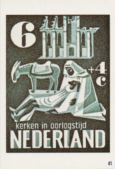 Briefkaart met afbeelding kerken in oorlogstijd postzegel