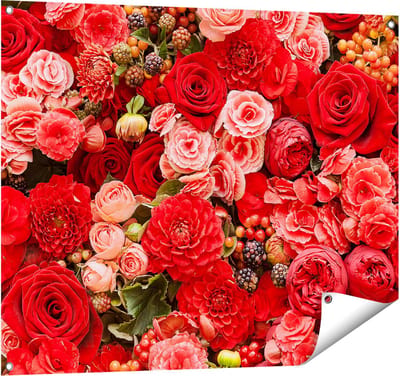 Gards Tuinposter Rode en Roze Bloemen met Fruit - Abstract - 100x80 cm - Tuindoek - Tuindecoratie - Wanddecoratie buiten - Tuinschilderij