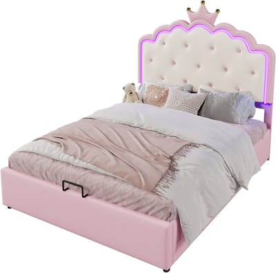 Wishdor – Prinsessenbed met LED en hydraulische opbergruimte – 140 x 200 cm – Kroonvorm hoofdbord – PU – Roze