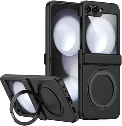 Hoesje met Ringhouder geschikt voor Samsung Galaxy Z Flip 7 FE / Flip 6 – Geschikt voor MagSafe – Draaibare Kickstand – Draadloos Opladen – Zwart