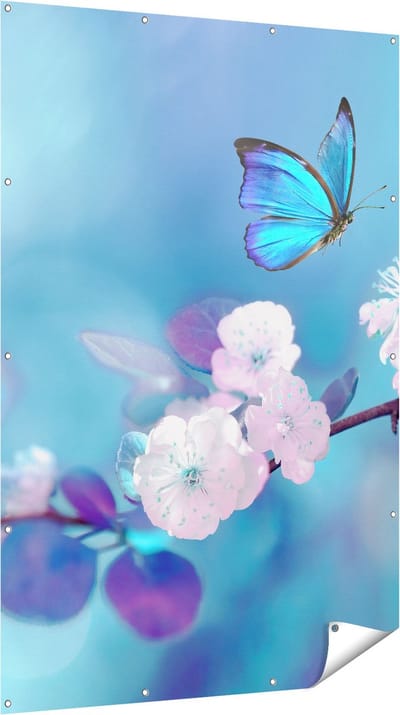 Gards Tuinposter Blauwe Vlinder bij een Roze Bloem - 120x180 cm - Tuindoek - Tuindecoratie - Wanddecoratie buiten - Tuinschilderij