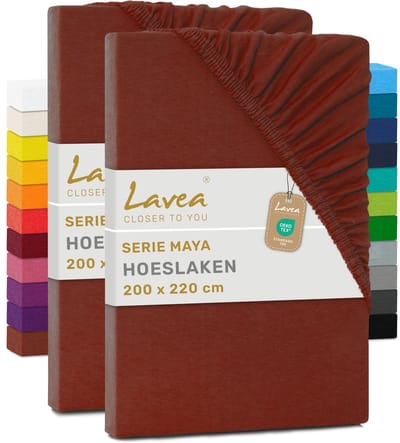 Lavea® Set van 2 Hoeslakens 200x220 cm – 100% Zacht en Ademend Katoen – voor Dikke Matrassen tot 35 cm – Jersey met Elastiek rondom – Kastanjebruin