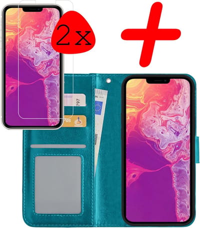 Hoesje Met 2x Screenprotector - Geschikt voor Apple iPhone 13 Mini - Luxe Pasjeshouder - Bookcase Portemonee - Flip Case - Kunstleer Book Case - Flipcase Hoes - Book Cover - Walletcase - Portemonneehoes - Turquoise