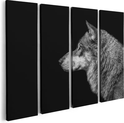 Artaza Canvas Schilderij Vierluik Wolvenkop - Wolf - Zwart Wit - 80x60 - Foto Op Canvas - Canvas Print