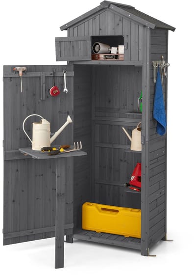 COSTWAY Tuinkast, hout, gereedschapsschuur met inklapbare tafel, deur, 8 haken, houten schuur met zadeldak, gereedschapskast, tuinschuur, voor tuin, terras, binnenplaats, grijs